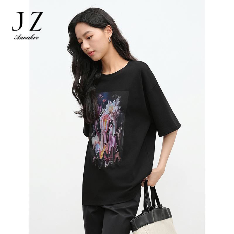 12472627.JUZUI玖姿100%棉艺术感印花T恤女2025夏季新款JWFX83315