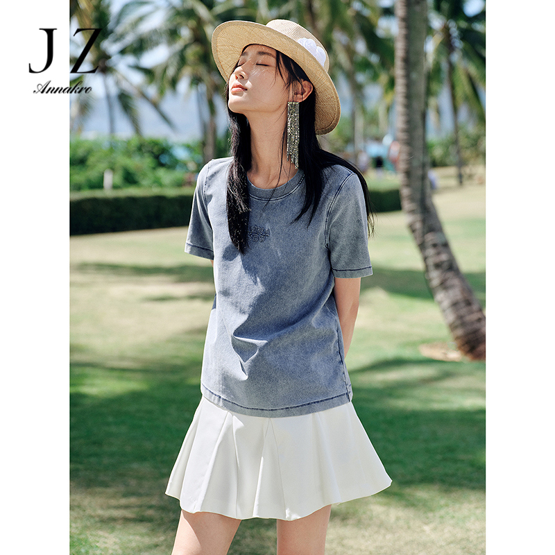 12472692.【海盐之夏】玖姿安娜蔻休闲简约怀旧水洗短袖T恤女2025夏季新款