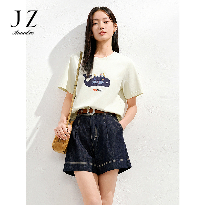12472537.【瞬凉】玖姿安娜蔻航海系鲸鱼刺绣正肩短袖T恤女2025夏季新款