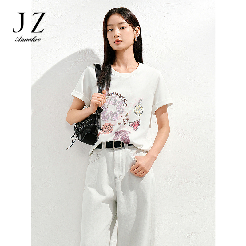 12472554.【瞬凉】玖姿安娜蔻休闲通勤野趣拼贴正肩短袖T恤女2025夏季新款