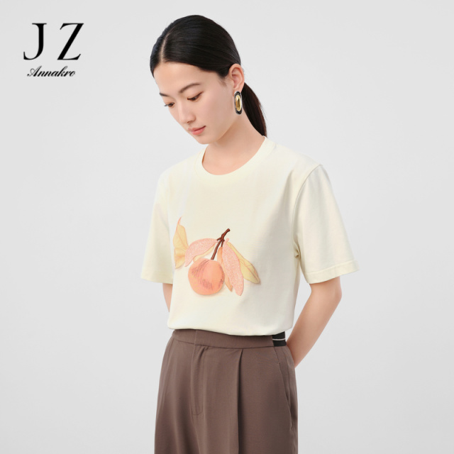 12473014.玖姿安娜蔻甜蜜盛夏简约休闲樱桃刺绣宽松短袖T恤女夏季新款