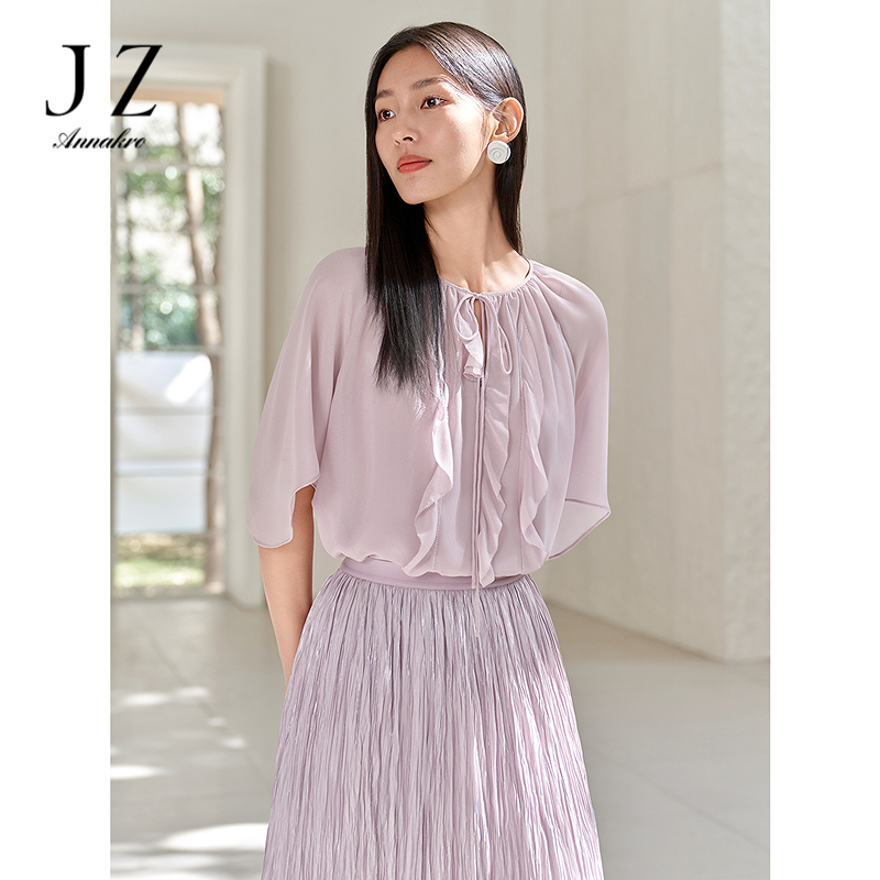 12473845.玖姿安娜蔻温柔法式气质波西米亚荷叶浪雪纺衬衫女2025夏季新款