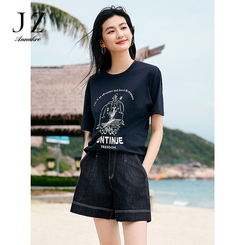 12472991.【100%棉】玖姿安娜蔻慵懒风罗马假日印花短袖T恤女2025夏季新款