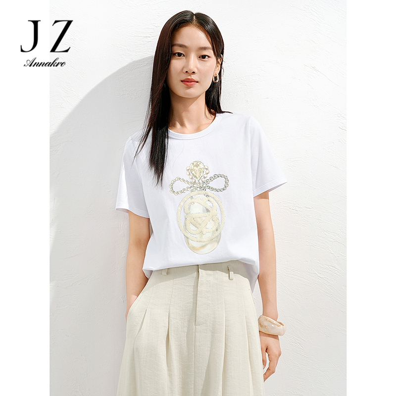 12472595.玖姿安娜蔻简约通勤风珠片装饰宽松新疆棉T恤女2025夏季新款