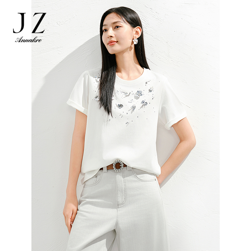 12472491.【瞬凉】玖姿安娜蔻设计感立体钉珠H型正肩短袖T恤女2025夏季新款