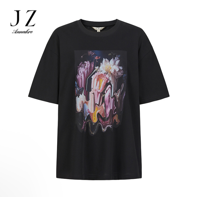 12472627.JUZUI玖姿100%棉艺术感印花T恤女2025夏季新款JWFX83315