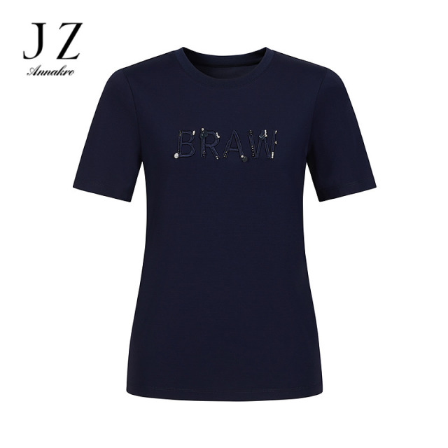 12472634.JUZUI玖姿简约刺绣字母圆领T恤女2025夏季新款JTFX83201