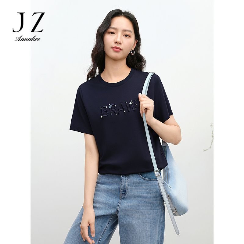 12472634.JUZUI玖姿简约刺绣字母圆领T恤女2025夏季新款JTFX83201