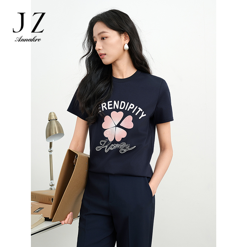 12472470.JUZUI玖姿气质休闲刺绣珠片短袖圆领T恤2025夏季新款JTFX83207