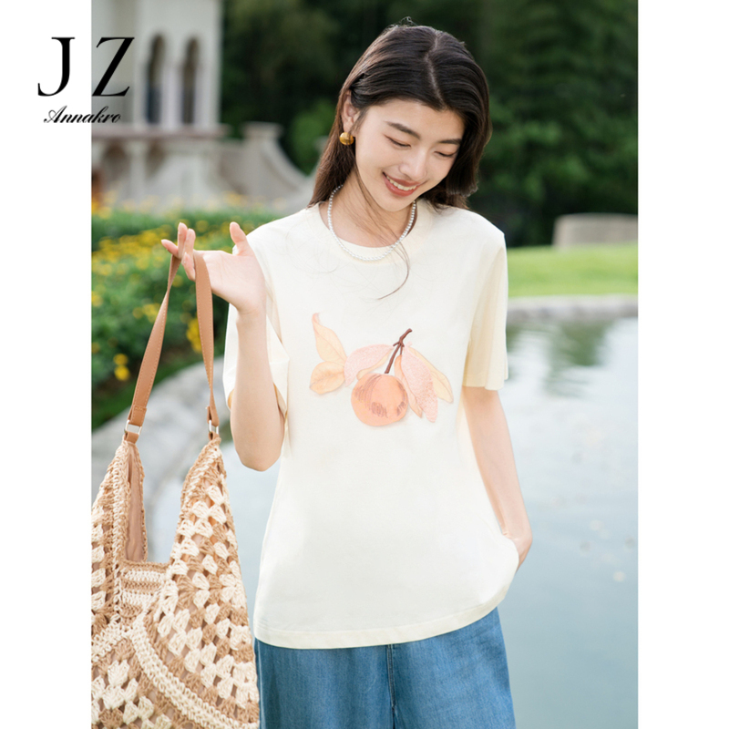 12473014.玖姿安娜蔻甜蜜盛夏简约休闲樱桃刺绣宽松短袖T恤女夏季新款