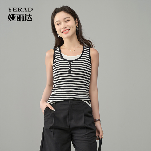 12478493.【娅丽达】假两件时尚条纹针织背心女轻透气无袖背心女