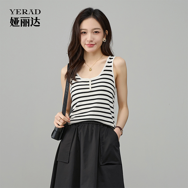 12478495.【娅丽达】天丝轻条纹无袖背心女百搭休闲针织背心女