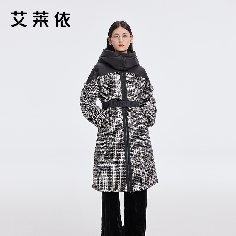 12491596.【商场同款】艾莱依格调系列精致粗花呢拼接鸭绒服女中长款羽绒服外套女