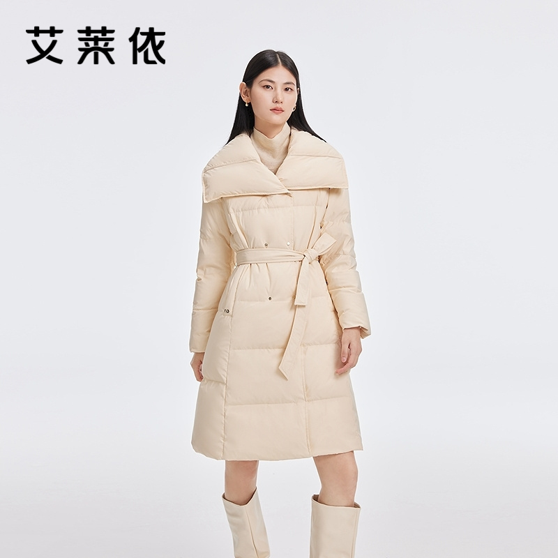 12491581.【商场同款】艾莱依雅士系列时尚大翻领羽绒服女中长款腰带收腰鸭绒服女