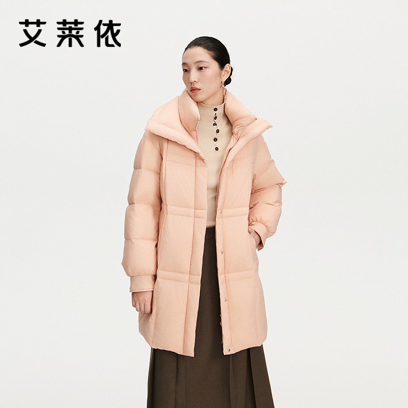 12491586.【商场同款】艾莱依格调系列时尚双层领羽绒服女中长款宽松鸭绒服外套女