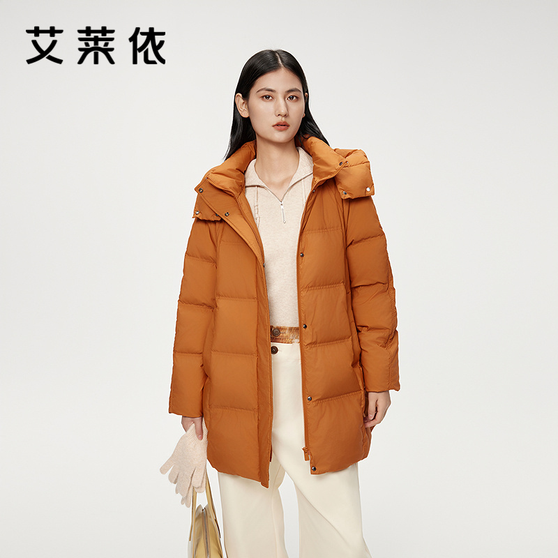 12491562.【商场同款】艾莱依雅士系列百搭显瘦中长款羽绒服女可脱卸连帽羽绒服女