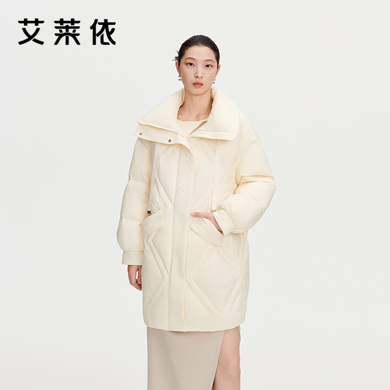 12491554.【商场同款】艾莱依格调系列高充加厚鸭绒服女时尚大翻领中长款羽绒服女