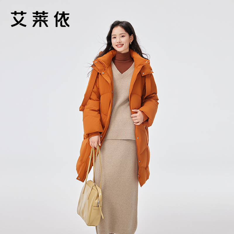 12491565.【商场同款】艾莱依暖绒系列时尚飘带可脱卸连帽高充加厚羽绒服女中长款