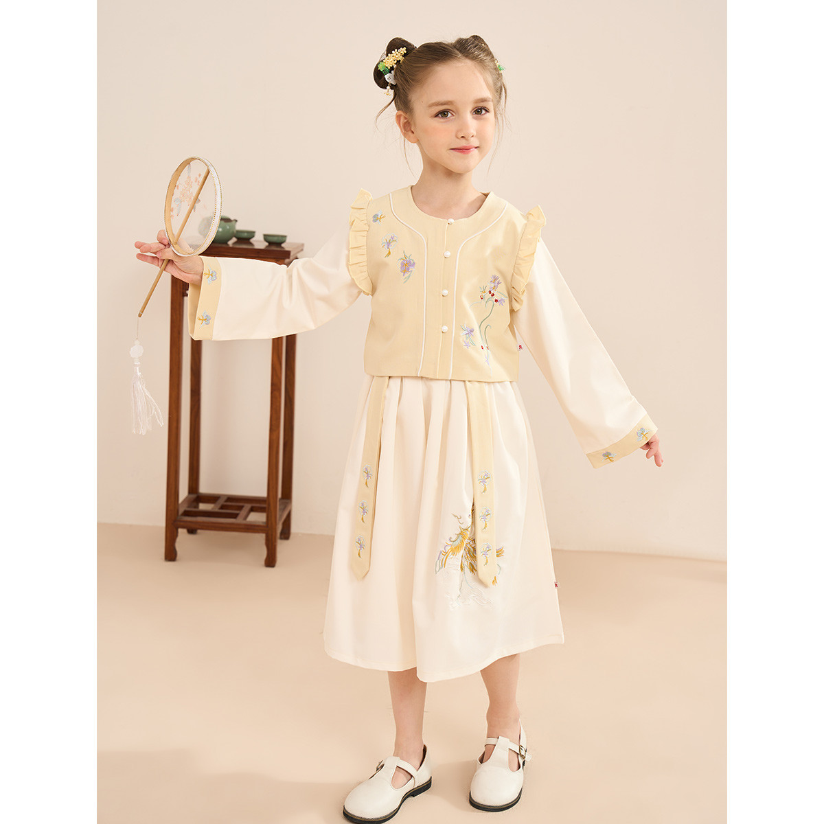 12489757.【新中式改良汉服套装】女童古风刺绣上衣半身裙春秋超仙两件套潮