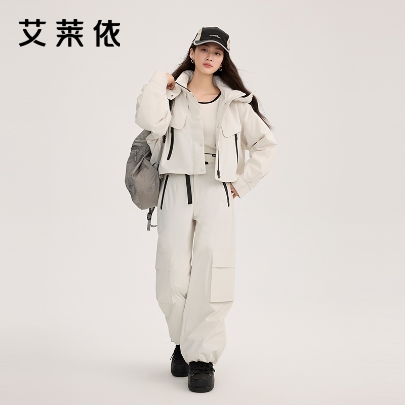 12491578.【商场同款】艾莱依户外工装大贴袋防水拉链鸭绒保暖羽绒裤