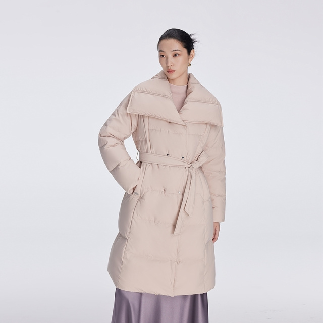 12491581.【商场同款】艾莱依雅士系列时尚大翻领羽绒服女中长款腰带收腰鸭绒服女