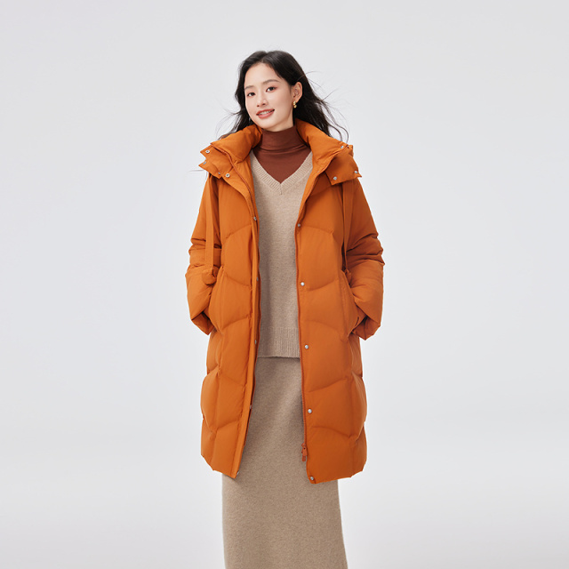 12491565.【商场同款】艾莱依暖绒系列时尚飘带可脱卸连帽高充加厚羽绒服女中长款