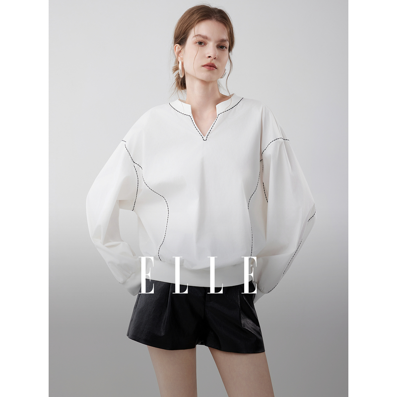 12494169.ELLE松弛落肩袖V领衬衫2025年秋季新款优雅气质简约全棉衬衣