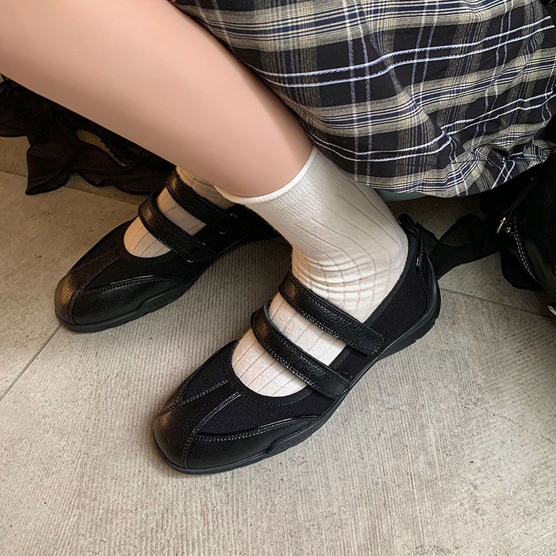 12494698.Hanychen牛翻皮+织物休闲芭蕾风圆头厚底单鞋新款女鞋