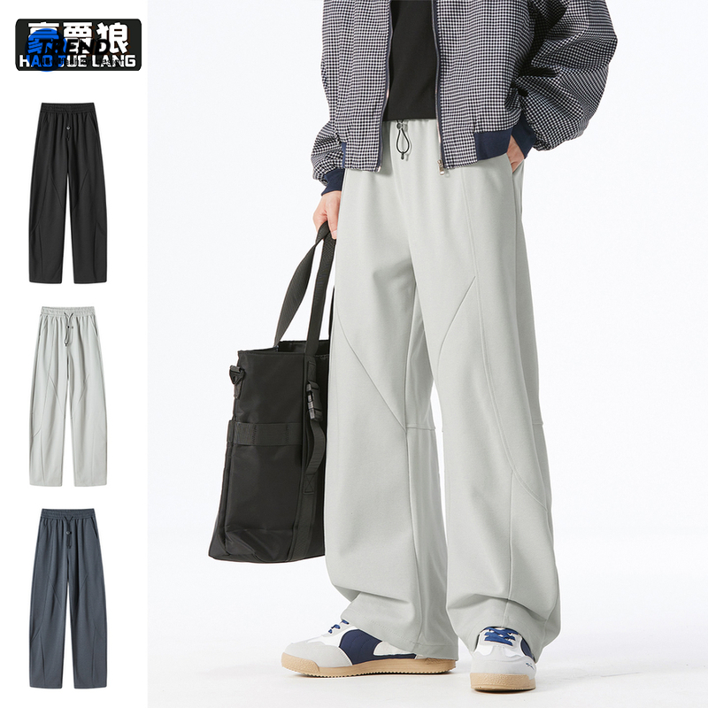 12497654.美式复古拼接休闲裤男春秋季新款潮牌oversize风运动卫裤