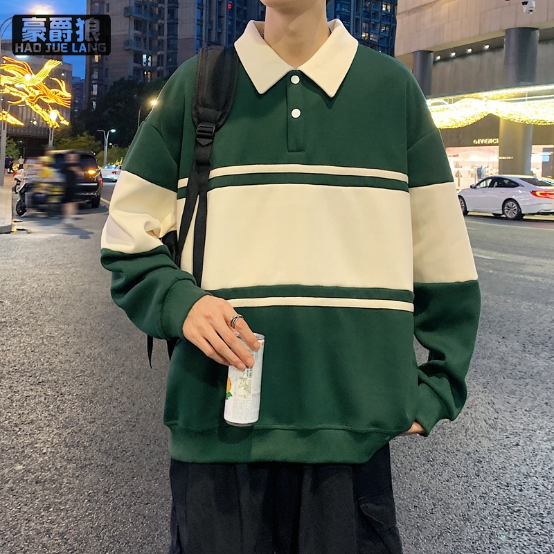 12497665.美式复古拼色卫衣男女宽松polo衫情侣装翻领外穿ins痞帅国潮