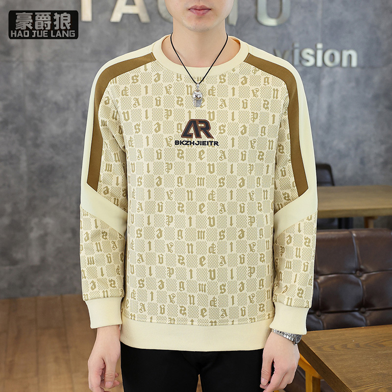 12497668.秋季新款圆领卫衣男士时尚潮流拼色休闲长袖T恤打底衫上衣服