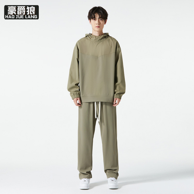 12497682.春秋季新款宽松直筒男裤子潮帅气时髦炸街套装连帽休闲运动服