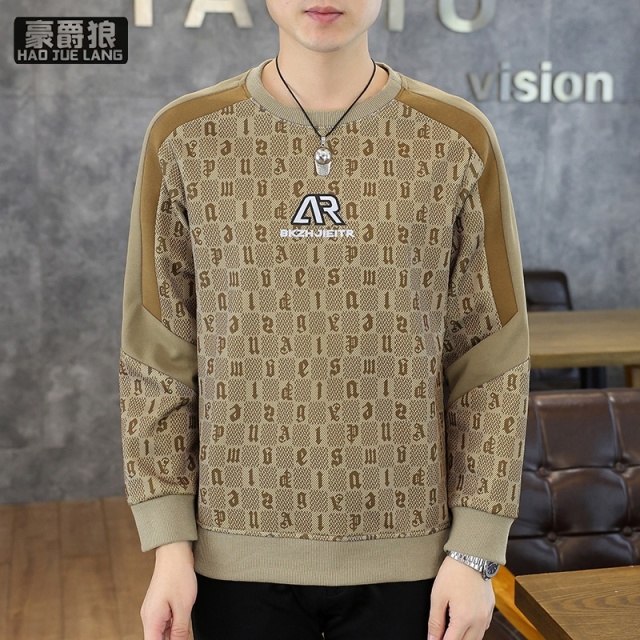 12497668.秋季新款圆领卫衣男士时尚潮流拼色休闲长袖T恤打底衫上衣服