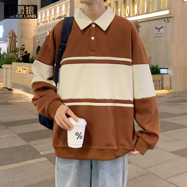12497665.美式复古拼色卫衣男女宽松polo衫情侣装翻领外穿ins痞帅国潮