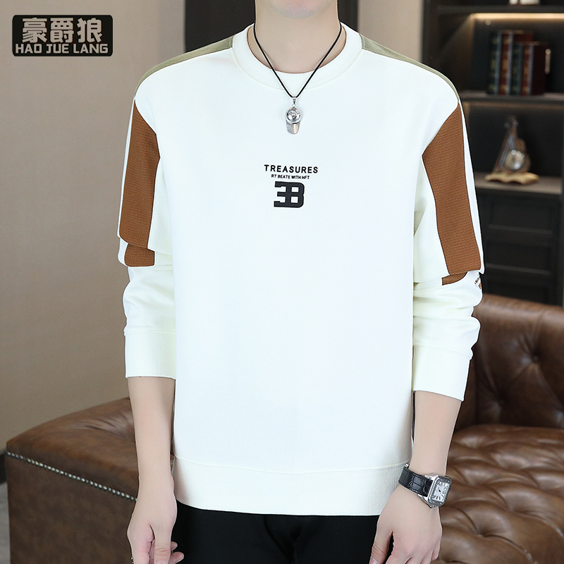12497596.拼色卫衣男士秋季圆领长袖t恤内搭打底衫上衣印花外穿秋衣服潮