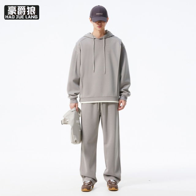 12497633.新款男装一套搭配帅气重磅裤子假两件宽松卫衣男运动休闲套装