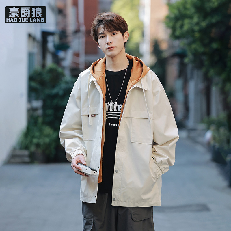 12497685.复古潮牌假两件拼接连帽夹克男秋季宽松潮流百搭休闲外套大码胖子