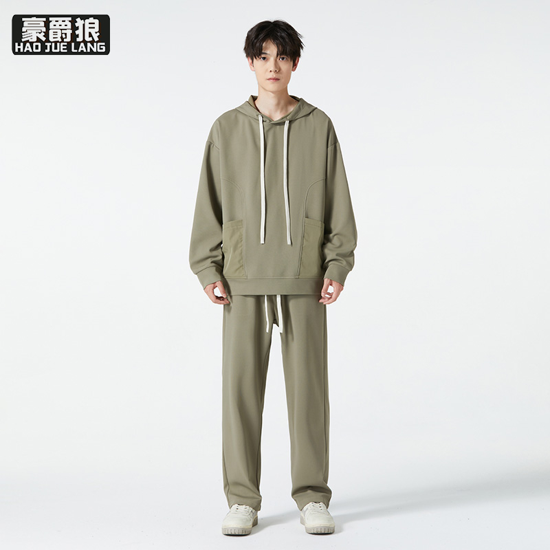 12497676.春秋季潮牌高级感连帽卫衣宽松直筒运动休闲套装男装一套搭配帅气