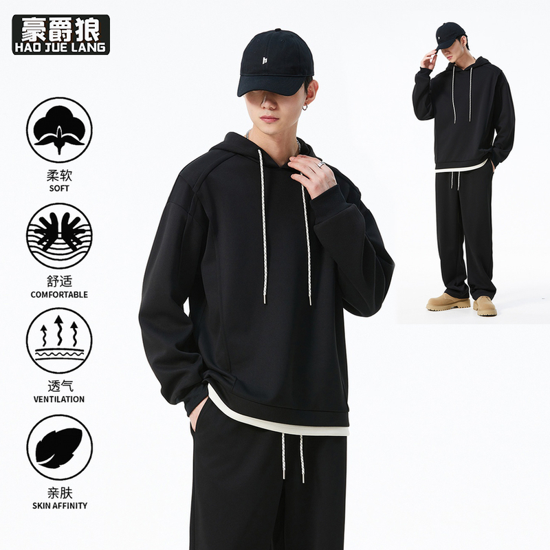 12497633.新款男装一套搭配帅气重磅裤子假两件宽松卫衣男运动休闲套装