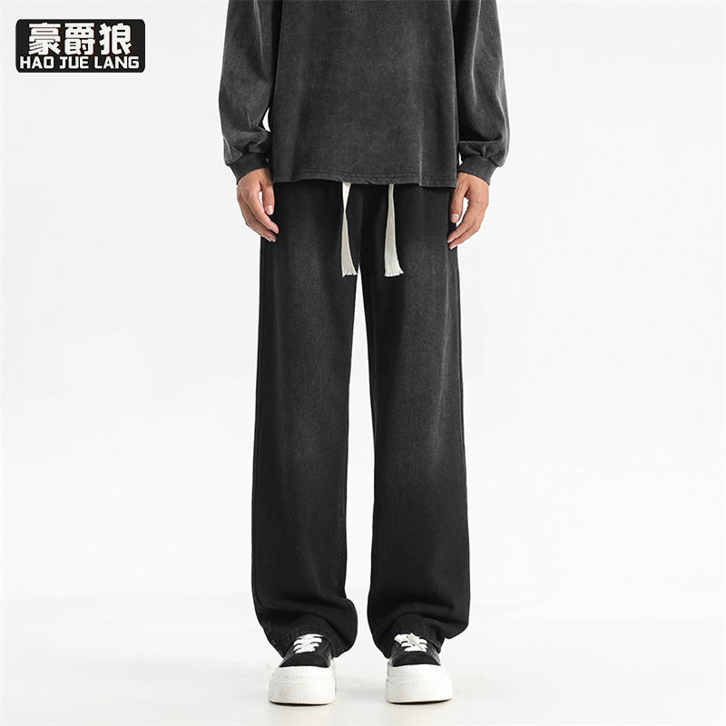 12501278.春秋大码松紧腰牛仔裤男百搭休闲宽松阔腿直筒裤子
