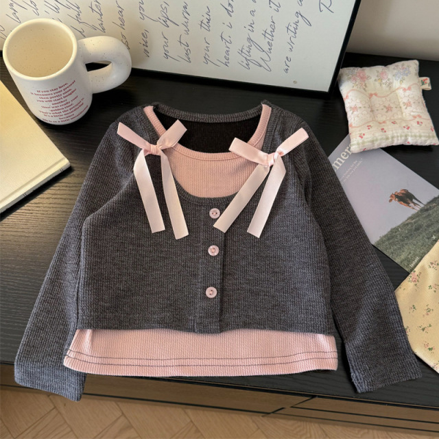 12503174.欧洛猫女童蝴蝶结假两件打底衫初秋外穿衣服儿童开学季长袖T恤