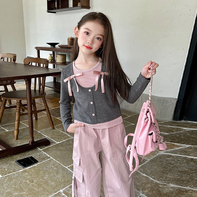 12503174.欧洛猫女童蝴蝶结假两件打底衫初秋外穿衣服儿童开学季长袖T恤