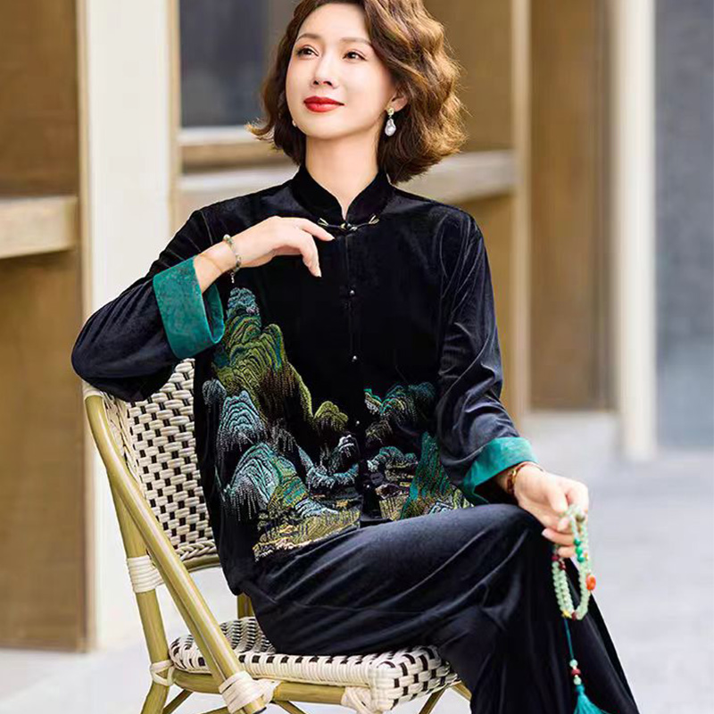 12636443.妈妈装新中式国风刺绣衬衫+裤子丝绒两件套装BKXZM505