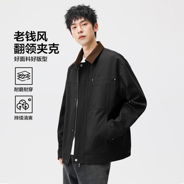 12502015.布衣传说【轻商务】翻领拼色刺绣点缀挺括日常通勤宽松休闲男式夹克外套