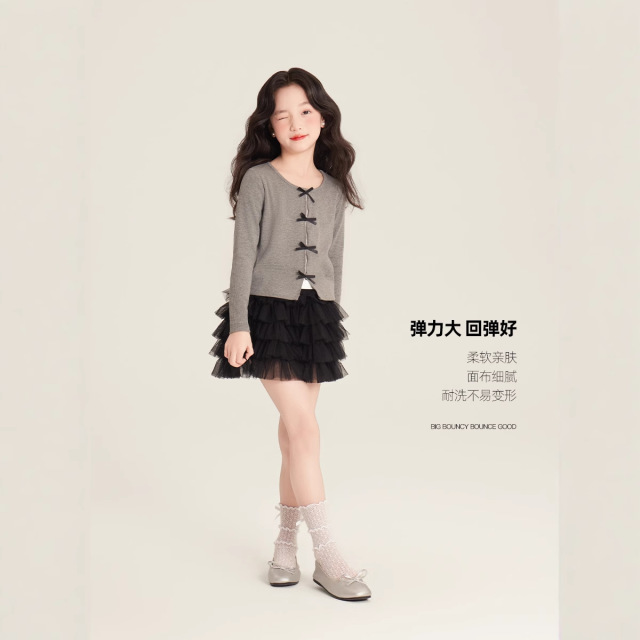 12502988.欧洛猫开学季女童大蝴蝶结假两件德绒长袖打底衫设计感长袖T恤外出服