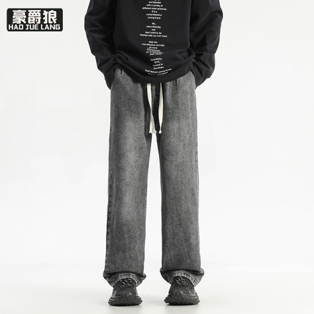 12501278.春秋大码松紧腰牛仔裤男百搭休闲宽松阔腿直筒裤子