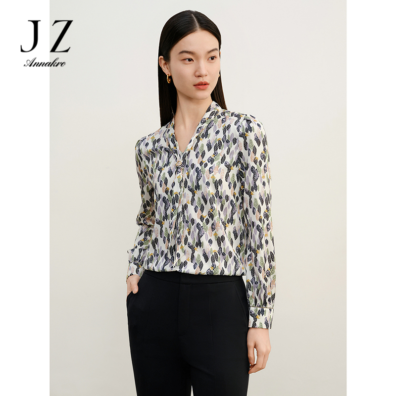 12514610.商场同款JZ玖姿优雅碎花复古飘带衬衫女2025春秋季新款JWEC80106