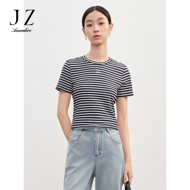 12514360.商场同款JZ玖姿经典条纹金丝修身T恤女春秋新款JWEC80303