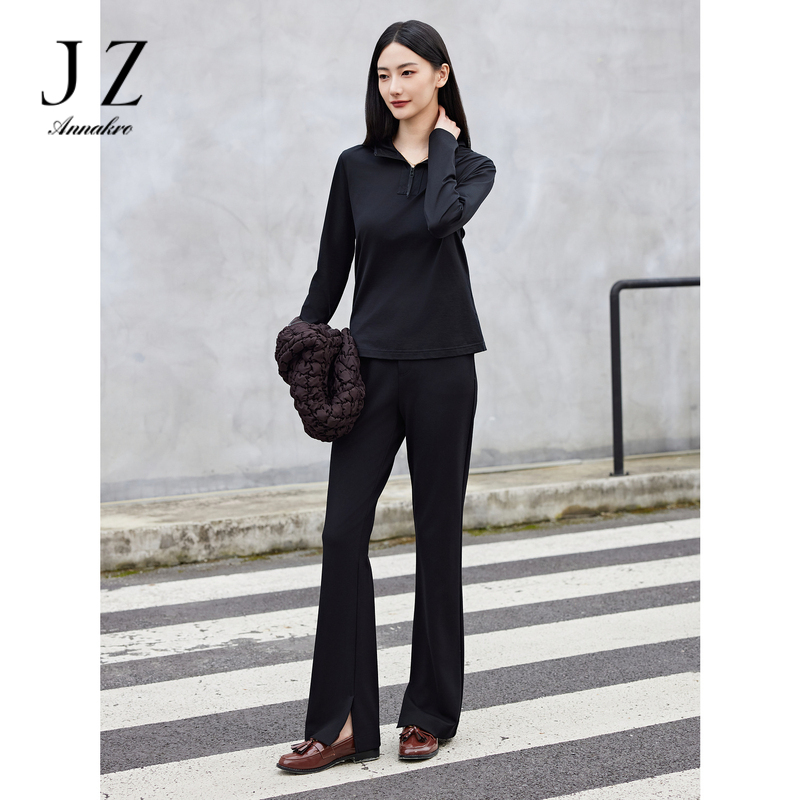 12514624.商场同款JZ玖姿简约摩登罗马布微喇休闲裤女春秋新款JWEQ11017
