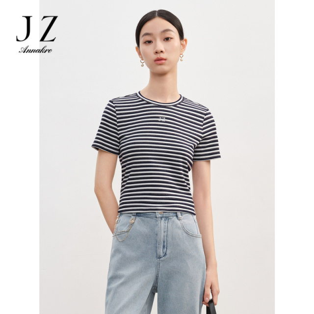 12514360.商场同款JZ玖姿经典条纹金丝修身T恤女春秋新款JWEC80303